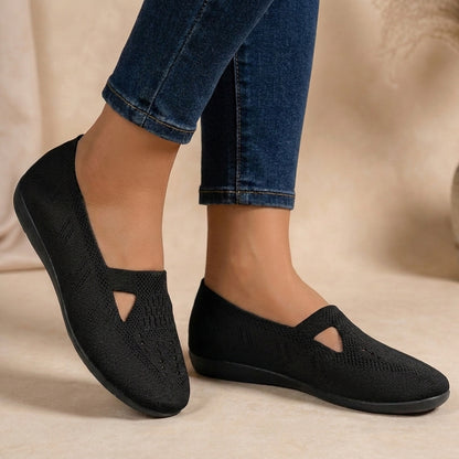 Fly-Knit Low-Cut Flats with Breathable Textured Knit and Hollow-Out Detailing