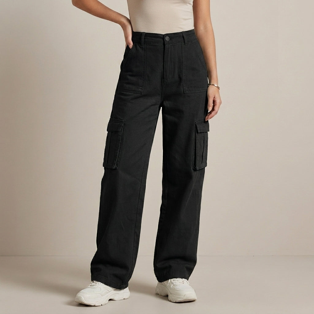 High-Waist Cargo Pants with Relaxed Wide-Leg Streetwear Fit