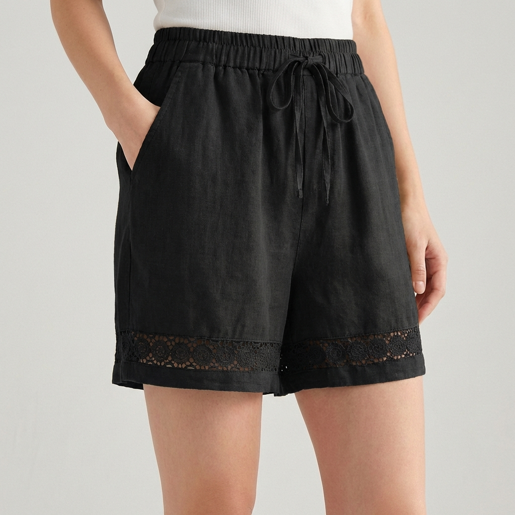 Wide-Leg Mini Shorts with Delicate Lace Hem and Drawstring Waist