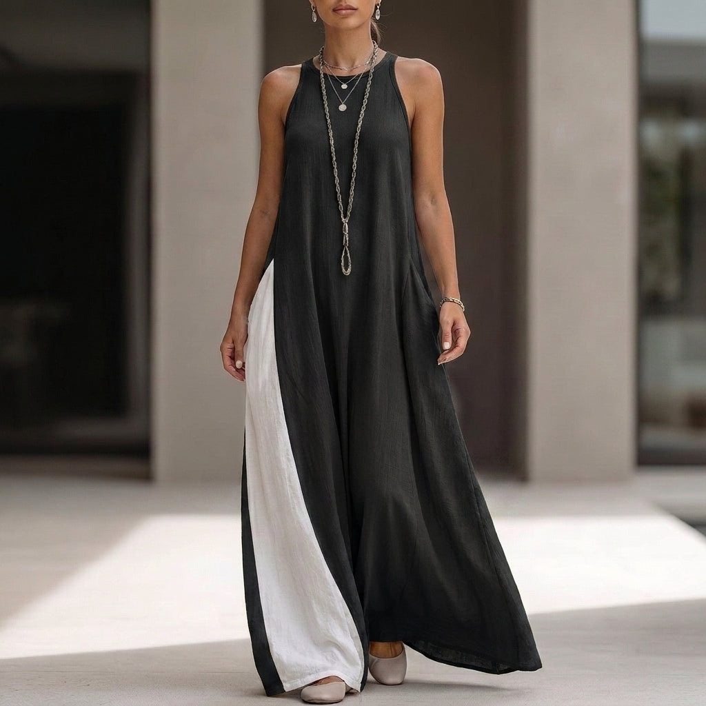Relaxed Sleeveless Maxi Dress with High Neckline and Side Pockets