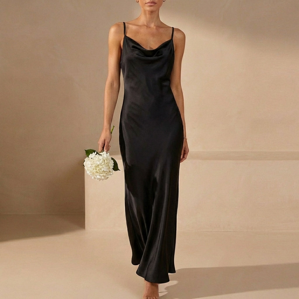 Satin Fitted Cowl Neck Maxi Dress with Spaghetti Straps for Evenings
