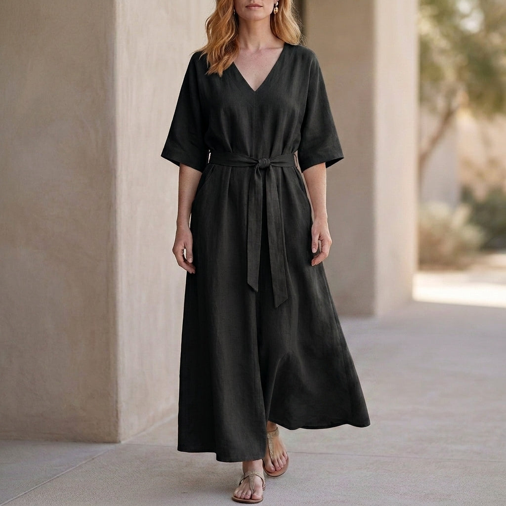 Graceful Belted Maxi Dress with Relaxed V-Neck Silhouette