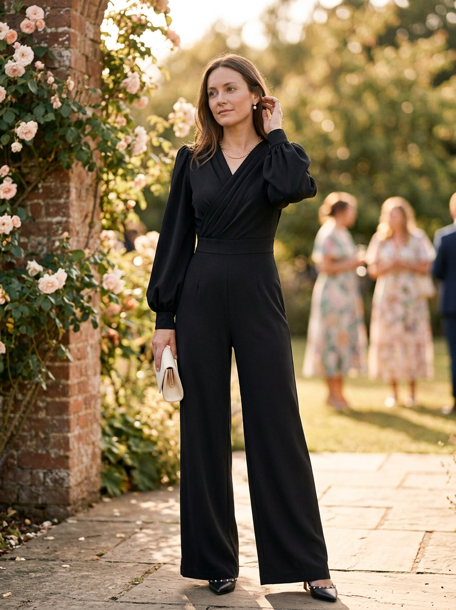 Tailored V-Neck Wrap Jumpsuit with Voluminous Sleeves and Wide-Leg Silhouette