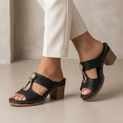 Laser-Cut Platform Slide Sandals with Rhinestone Accent