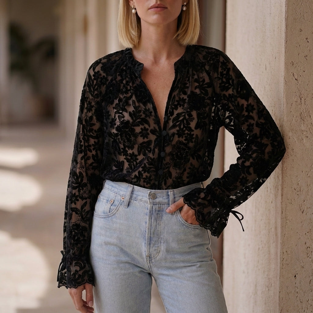 Romantic Floral Lace Button-Front Blouse with Flared Sleeves
