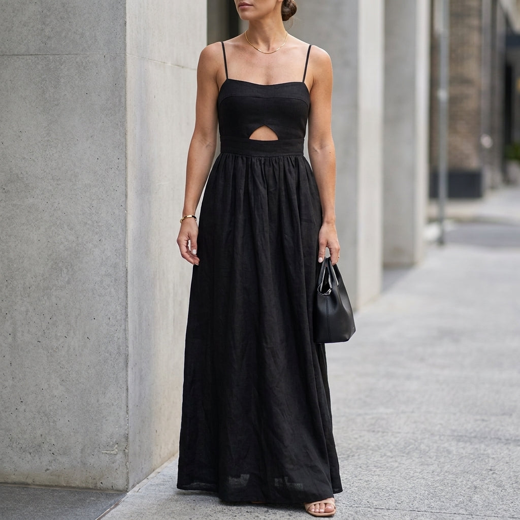 Elegant Cutout Maxi Dress with Flowing Feminine Modern Silhouette