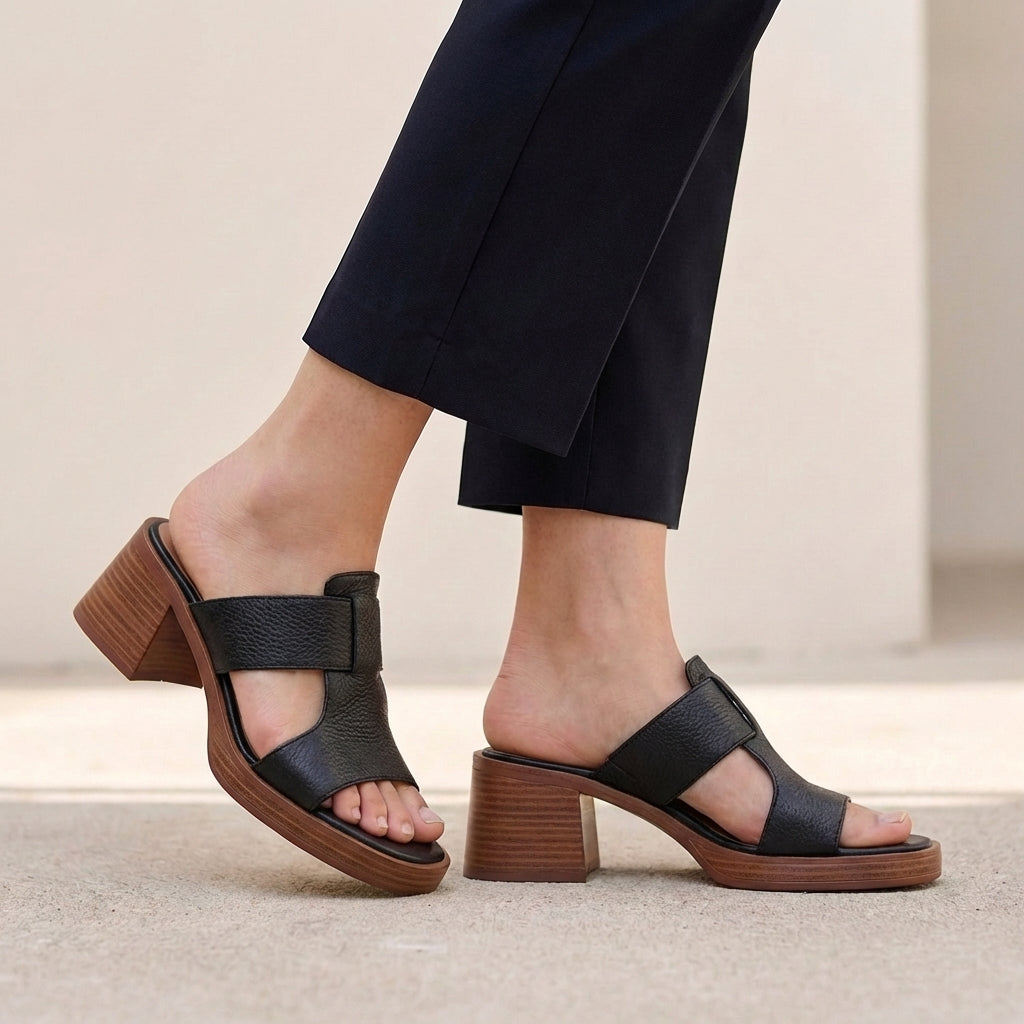 Alessia Pebbled Block Heel Slide Sandals with Sculptural Cutout Strap