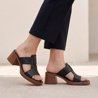 Alessia Pebbled Block Heel Slide Sandals with Sculptural Cutout Strap