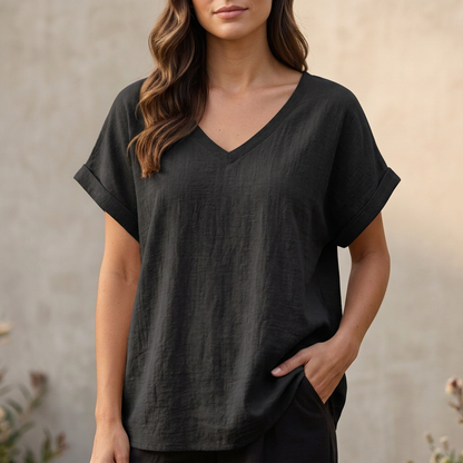 V-Neck T-Shirt with Asymmetrical Hem and Relaxed Fit