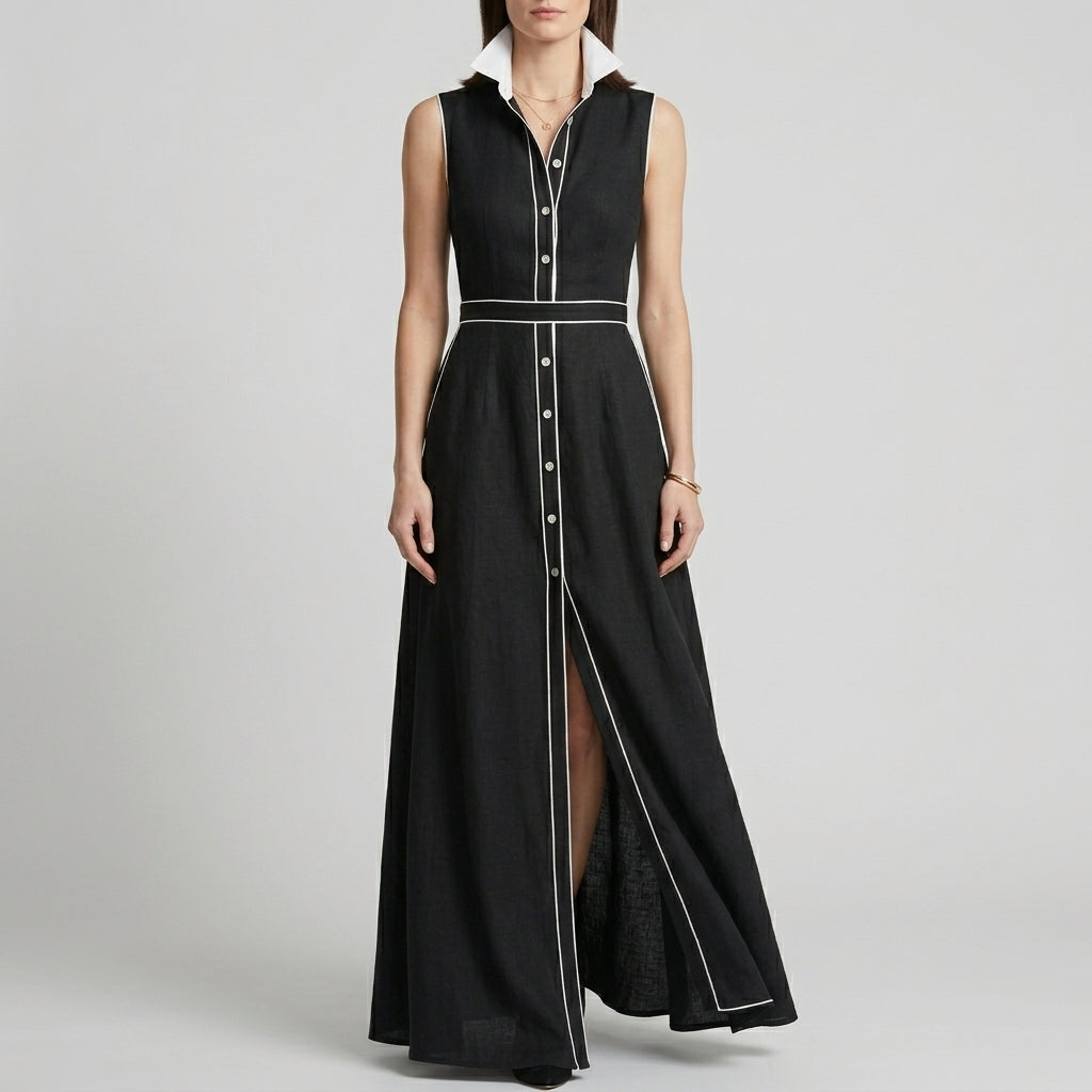 Elegant Contrast Trim Sleeveless Maxi Shirt Dress