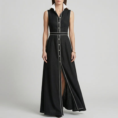 Elegant Contrast Trim Sleeveless Maxi Shirt Dress