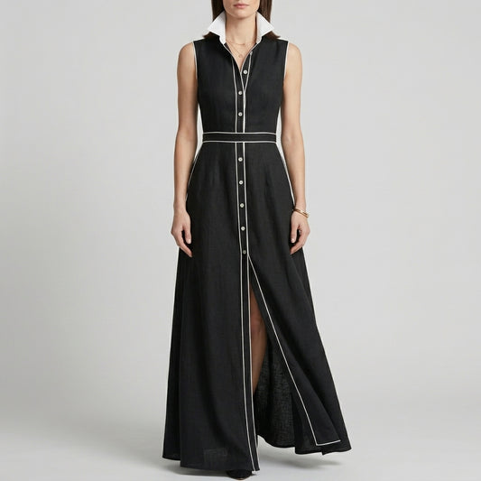 Elegant Contrast Trim Sleeveless Maxi Shirt Dress