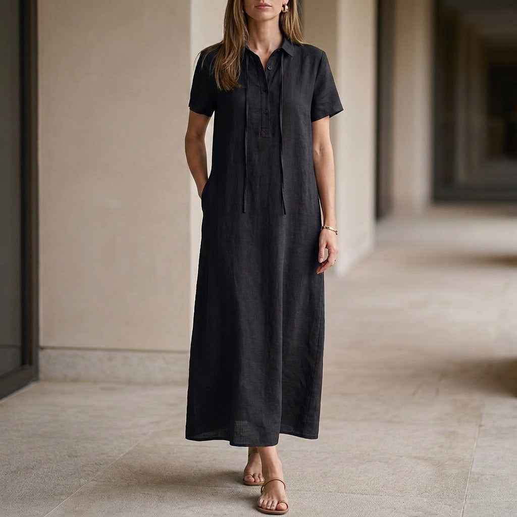 Vintage Tie Neck Midi Dress with Relaxed Short Sleeve Silhouette