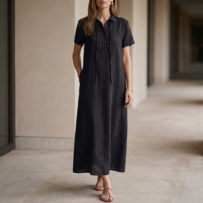 Vintage Tie Neck Midi Dress with Relaxed Short Sleeve Silhouette