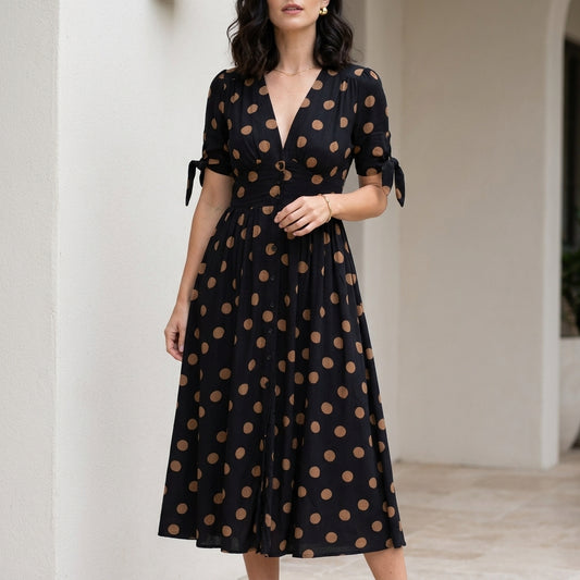 Graceful Polka Dot Midi Dress with Button Front Detail