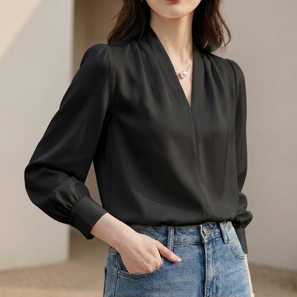 Tailored V-Neck Puff Sleeve Blouse with Pleated Shoulders
