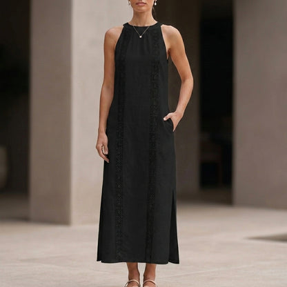 Relaxed Sleeveless Maxi Dress with Vertical Embroidered Panels and Side Slits