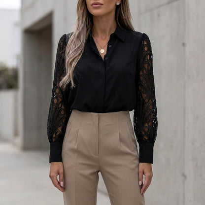 Tailored Lace-Spliced Button-Down Blouse with Textured Sleeves