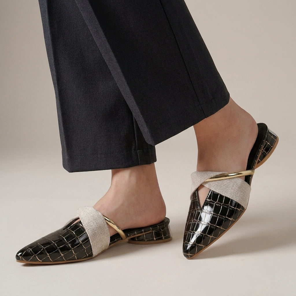 Structured Embossed Pointed Mules with Metallic Accent