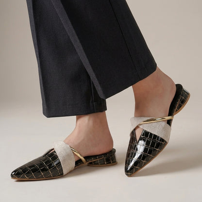 Structured Embossed Pointed Mules with Metallic Accent