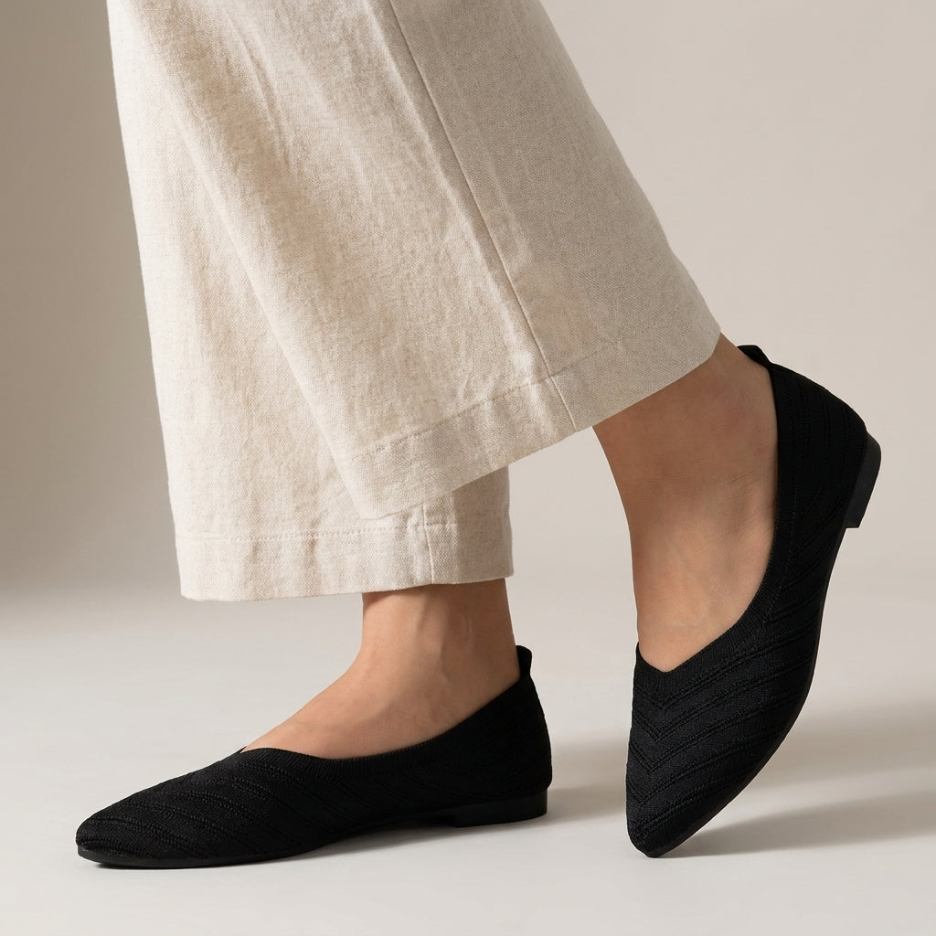 Ribbed Knit Pointed-Toe Flats with V-Cut Silhouette