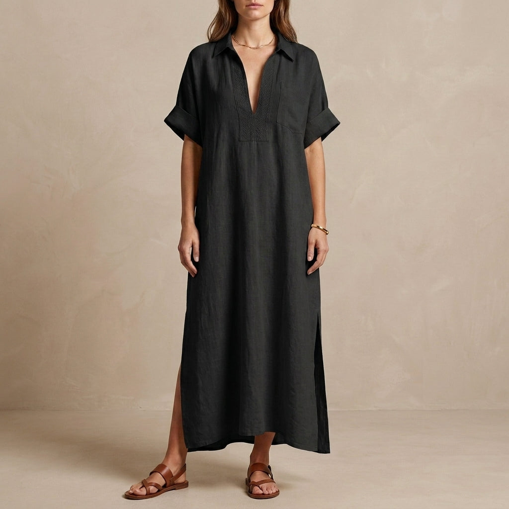 Minimalist Oversized Maxi Dress with Embroidered Placket and Shirt Collar
