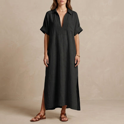 Minimalist Oversized Maxi Dress with Embroidered Placket and Shirt Collar