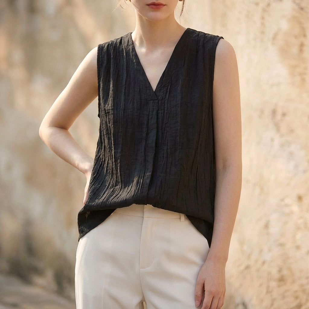 Flowing V-Neck Sleeveless Top with Pleated Crinkle Texture