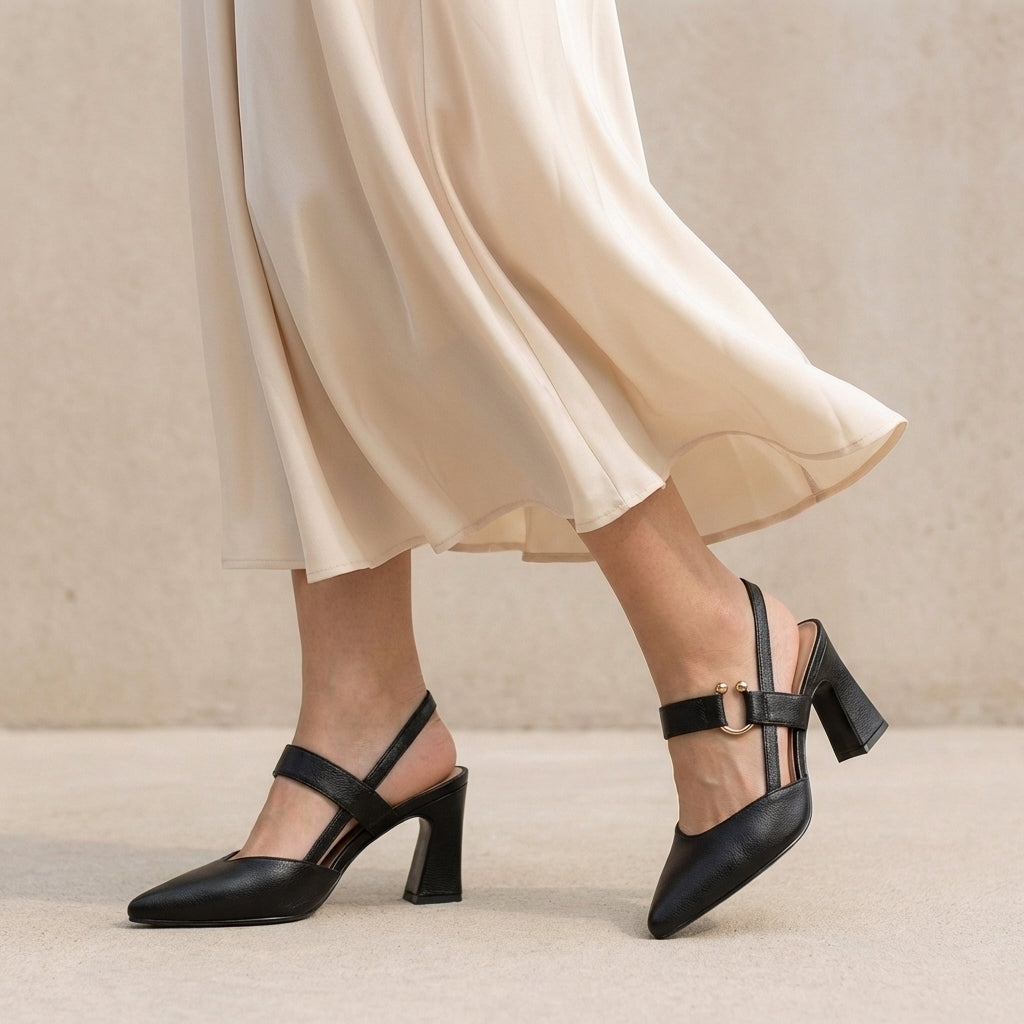 Pointed Toe Slingback Block Heels with Metallic Accent