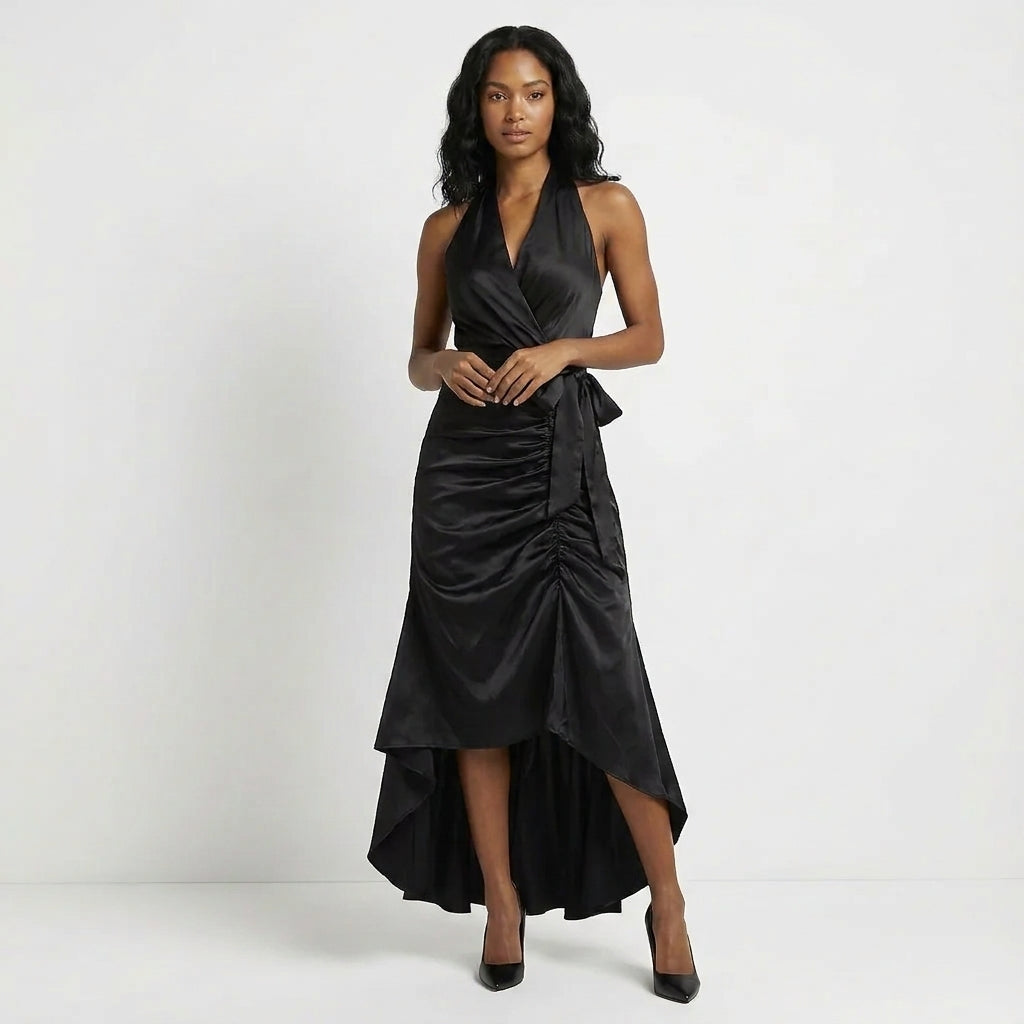 Satin Halter Neck Wrap Maxi Dress with Bow Tie Waist and Ruffled Hem