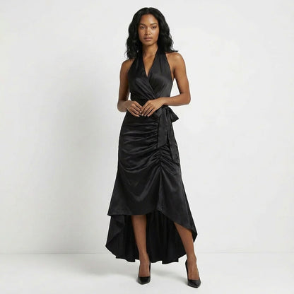 Satin Halter Neck Wrap Maxi Dress with Bow Tie Waist and Ruffled Hem