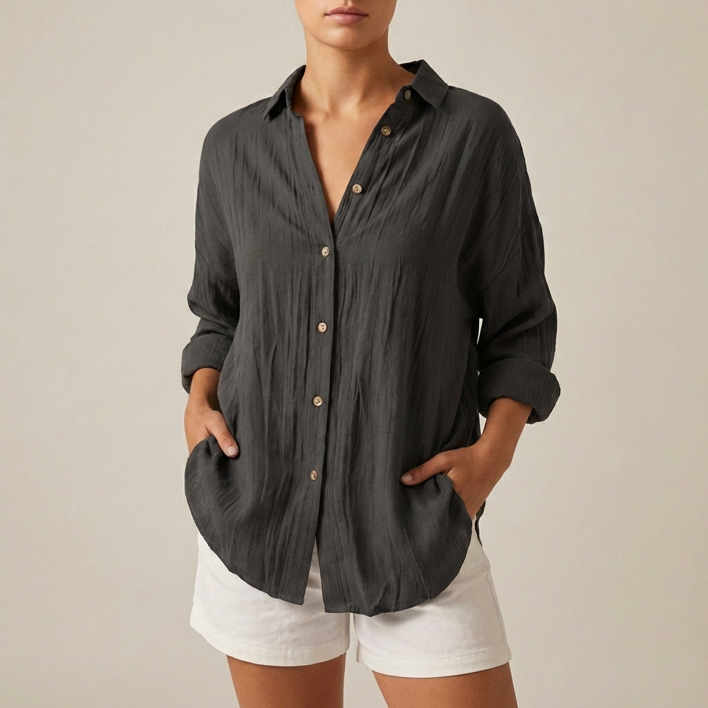 Linen Relaxed-Fit Longline Button-Up Shirt with Lapel Collar and Pleats