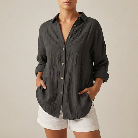 Linen Relaxed-Fit Longline Button-Up Shirt with Lapel Collar and Pleats