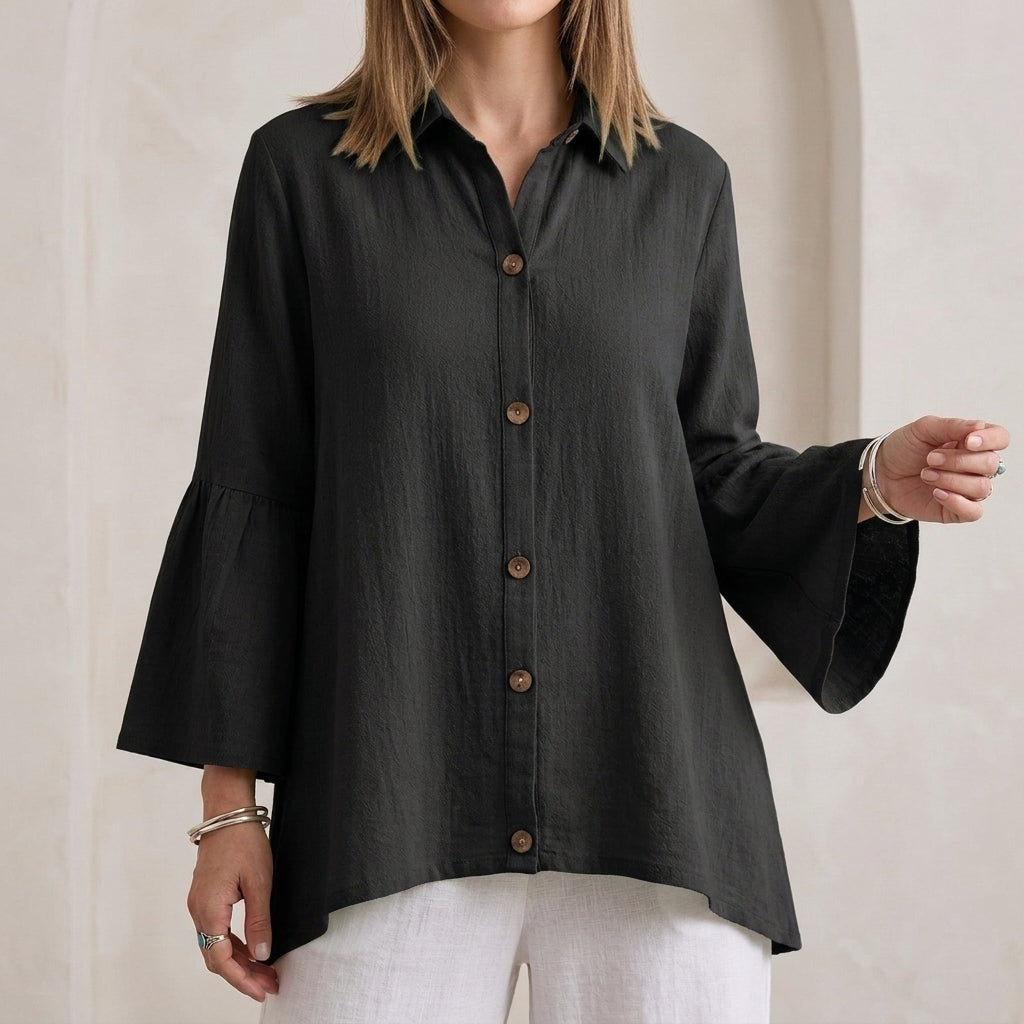 Relaxed Fit Textured Button-Down Blouse with Flared Bell Sleeves