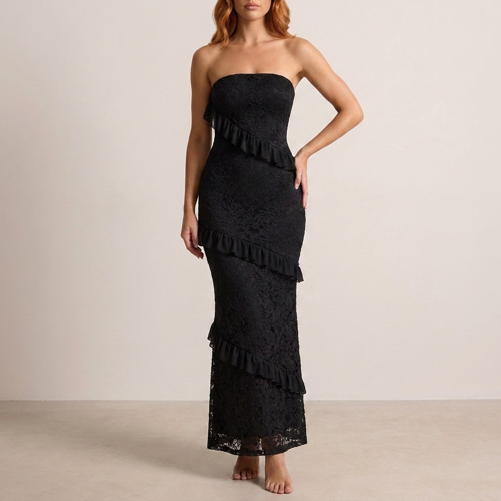 Romantic Lace Ruffle Strapless Maxi Dress