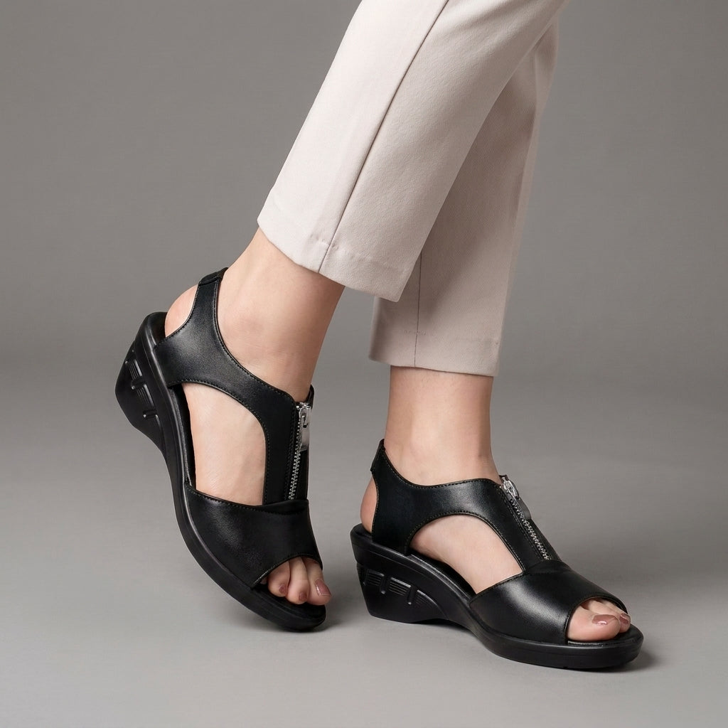 Refined Comfort Peep-Toe Wedge Sandals with Cutout Detail