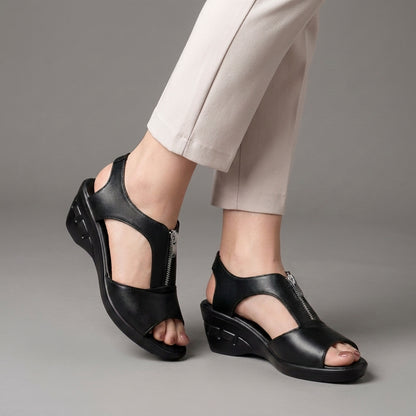 Refined Comfort Peep-Toe Wedge Sandals with Cutout Detail