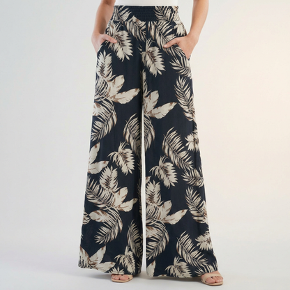 Flowing Tropical Leaf Print Palazzo Pants with Ruched Waist and Pockets