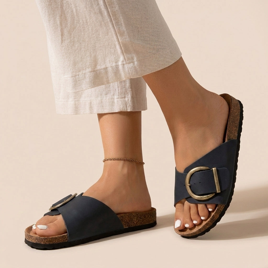 Contoured Soft-Touch Slide Sandals with Oversized Buckle