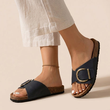 Contoured Soft-Touch Slide Sandals with Oversized Buckle