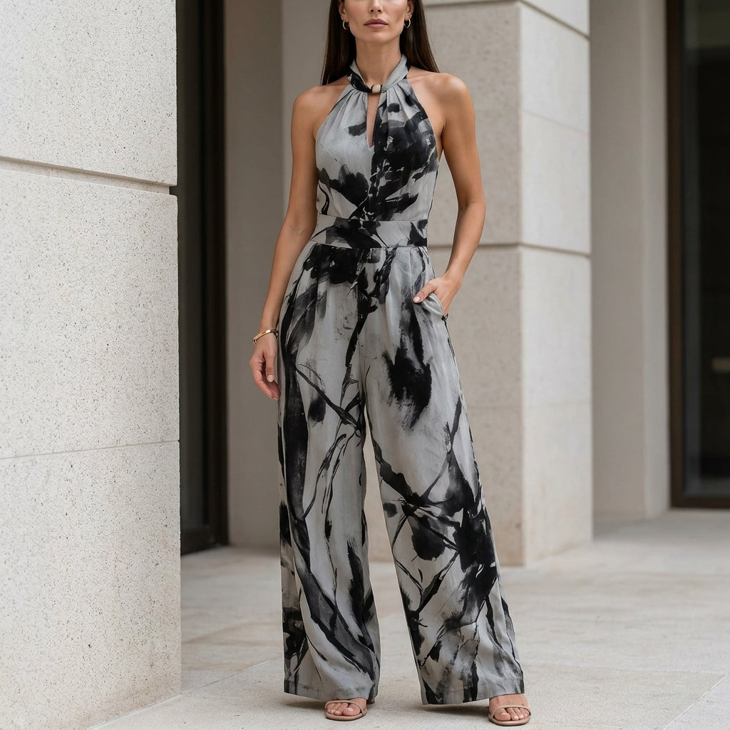 Coastal Bloom Halter Wide-Leg Resort Jumpsuit