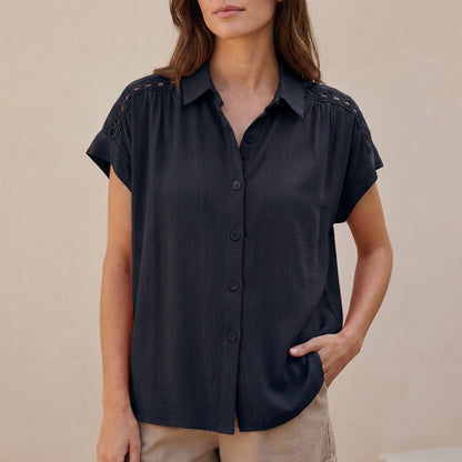 Relaxed Short-Sleeve Blouse with Delicate Crochet Lace Accents