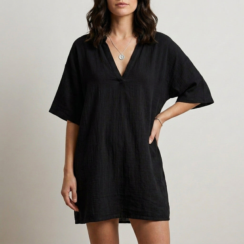 Relaxed V-Neck Mini Dress for Beach & Everyday Style