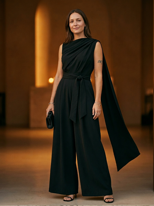 Draped Cowl Neck Jumpsuit with Belted Waist and Wide Leg