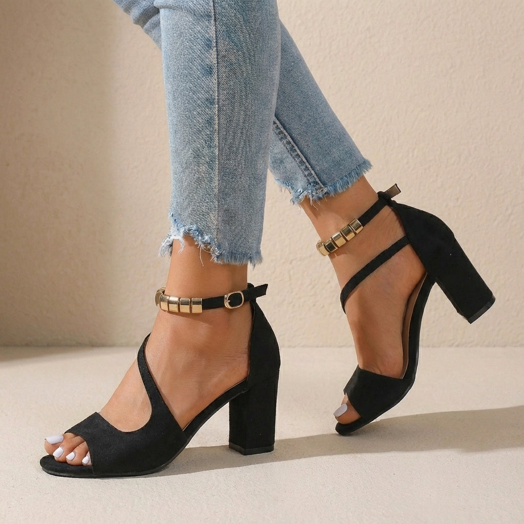 Suede Block Heel Sandals with Embellished Straps and Crossed Silhouette