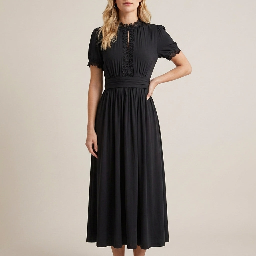 High Neck Keyhole Maxi Dress with Flowing A-Line Silhouette