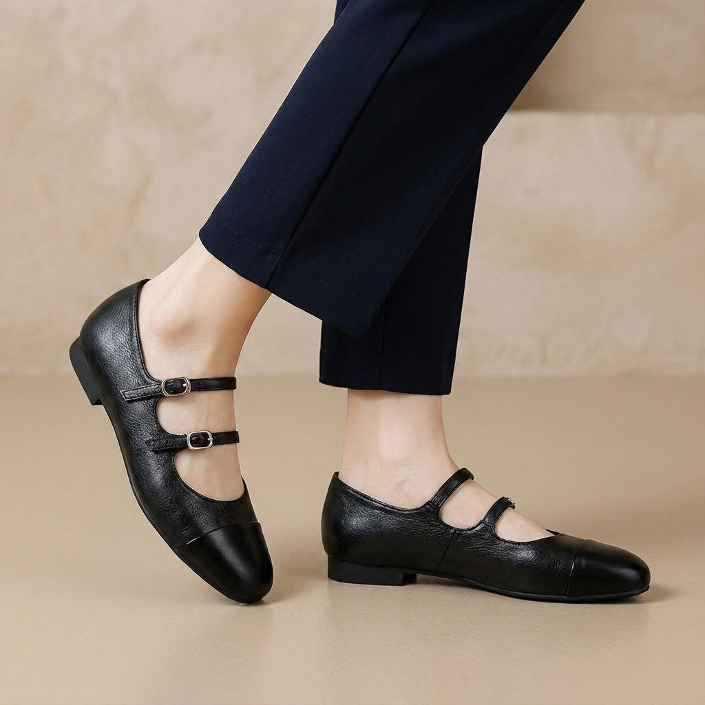 Double Buckle Mary Jane Flats with Split-Joint Cap Toe Design
