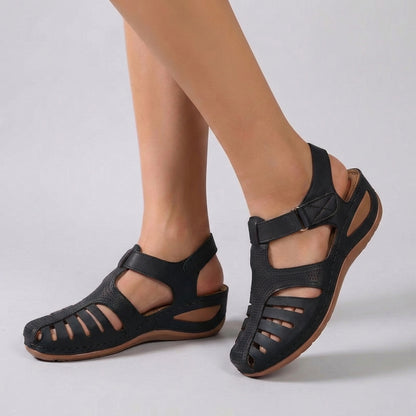 Refined Leather Wedge Sandals with Perforated Cut-Outs and Ankle Strap