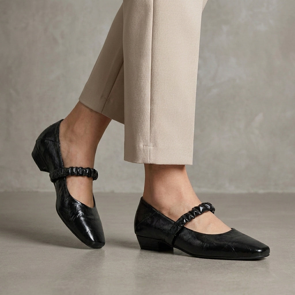 Elegant Square Toe Mary Jane Flats with Ruched Strap Detail