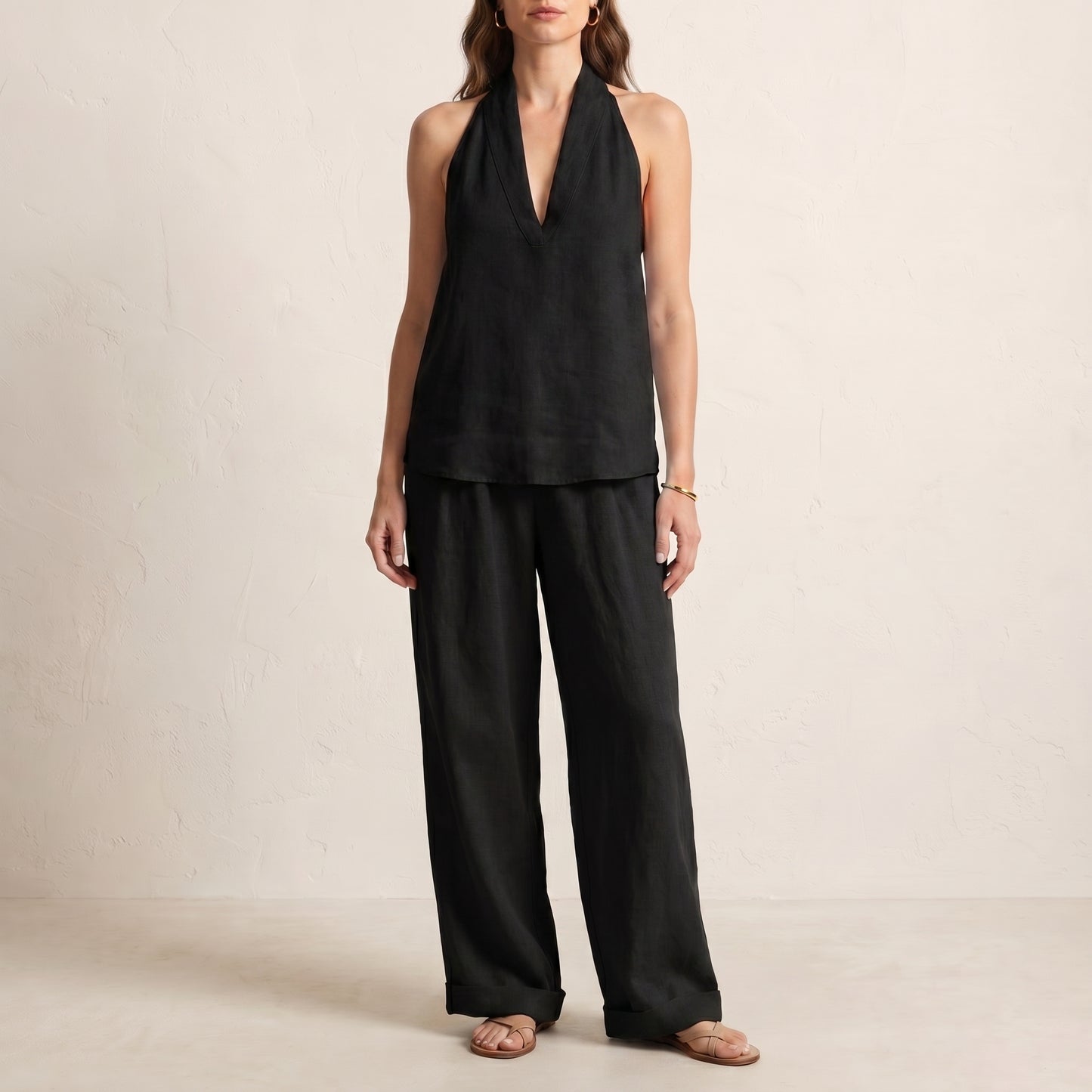 Relaxed Two-Piece Halter V-Neck Set with Wide-Leg Pants